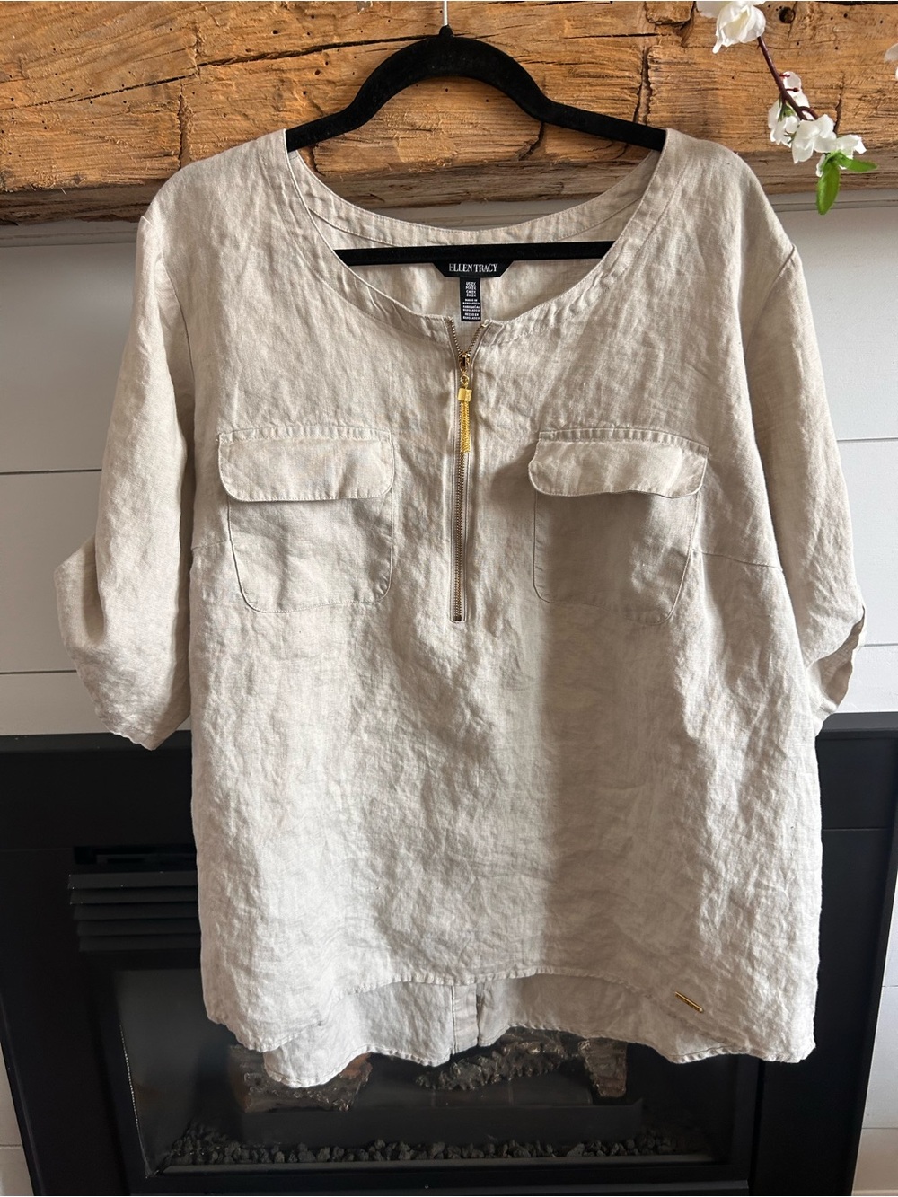 Ellen Tracy Cream Linen Zip-Pocket Tunic